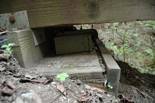 A cache hidden in the Los Tranceros Open Space Preserve, found under a wooden bridge.   