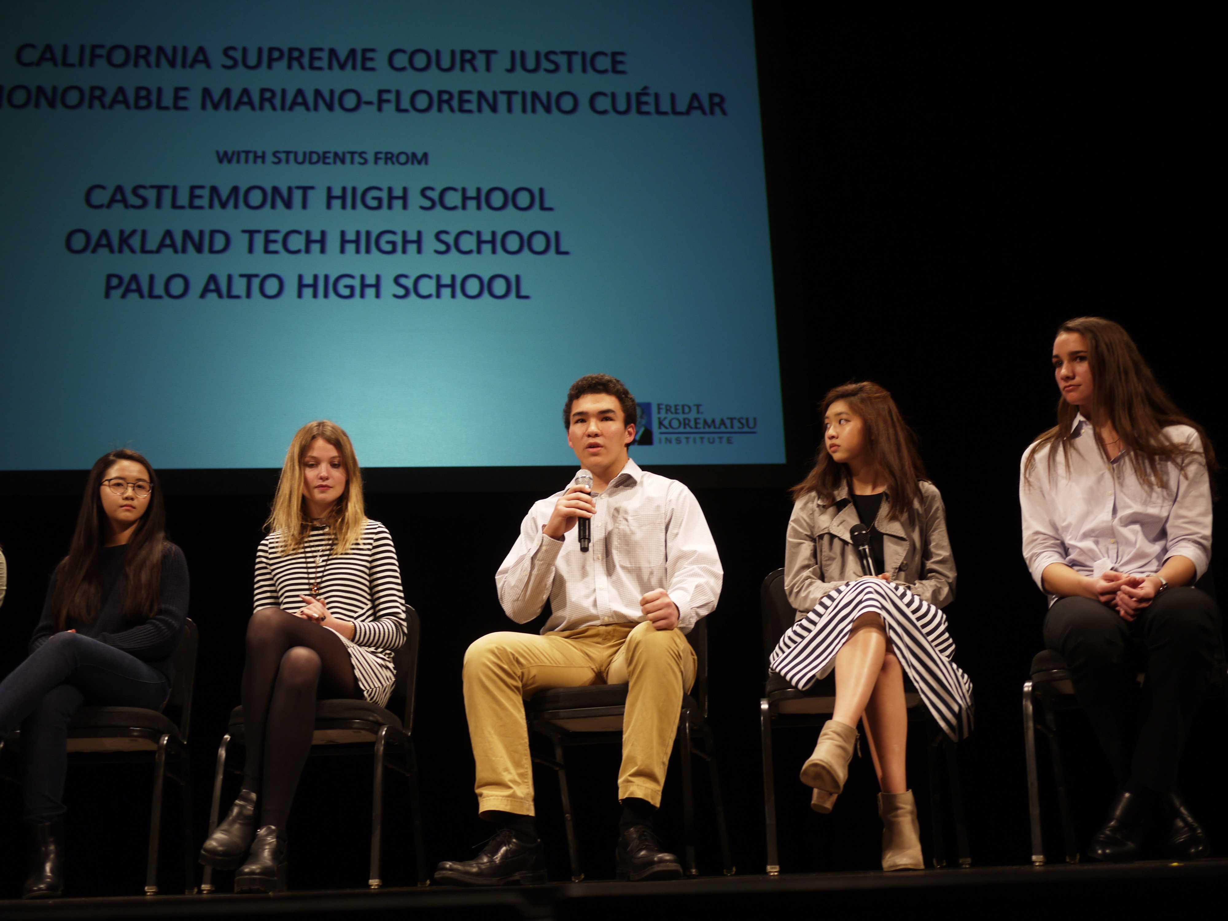 Paly students Teresa Chen, Cici Risse, Sean Romeo, Serena Nguyen, and Maya Lathi speak at the Fred Korematsu Day event in San Fransisco.