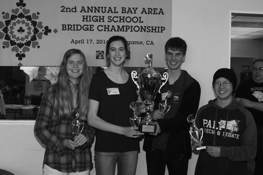 Bridge team members Claire Duffie, Olivia dArezzo, Cornelius Duffie and Sarah Youngquist pose at Annual Bay Area High School Bridge Championship.