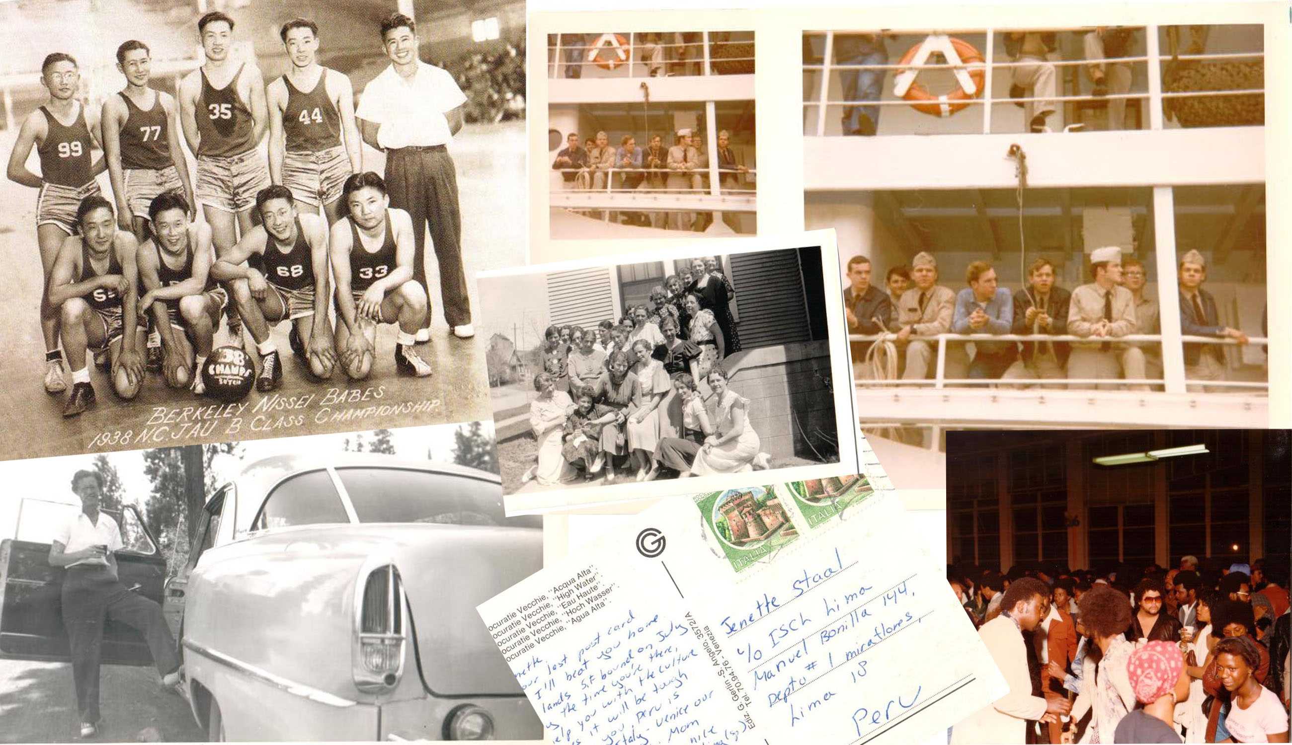 A collage composed of old photos and a postcard discovered at the Ashby Flea Market in Berkeley