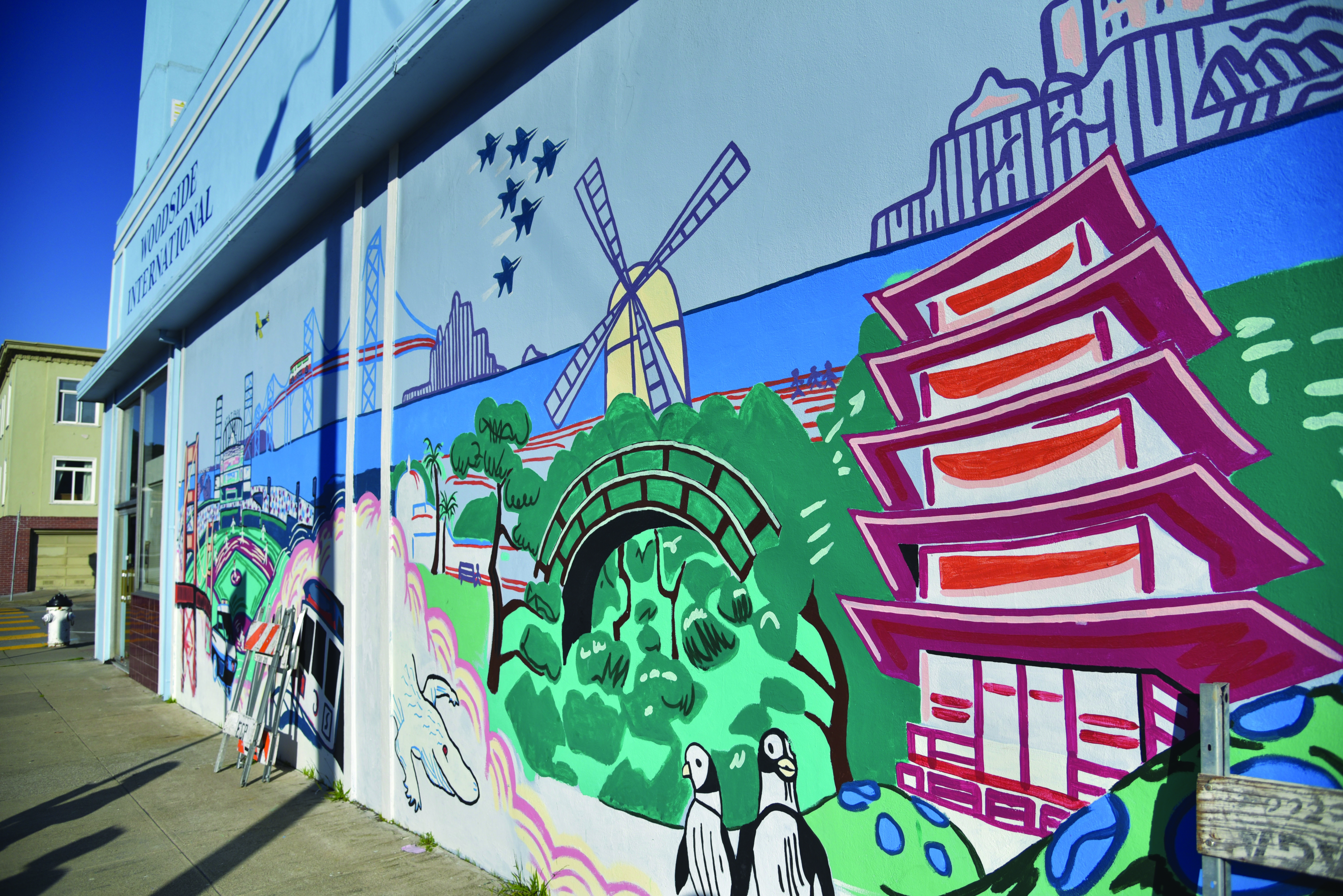  Colorful murals of San Francisco’s city skyline are disaplyed on the walls of Woodside Internationl School.