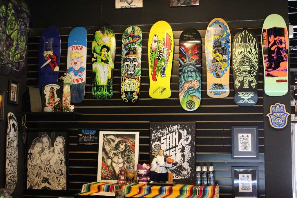 The Zones wall decor features artistic skateboards