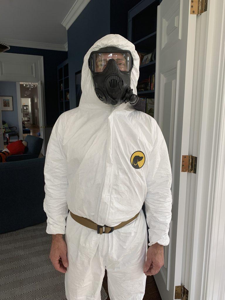 MASK ON — Mike Lynn dons full coverage protective gear. He is optimistic about the future and what it may bring. “Hopefully we as a society can become closer rather than farther away as we weather this pandemic.” Photo by Jenny Lynn
