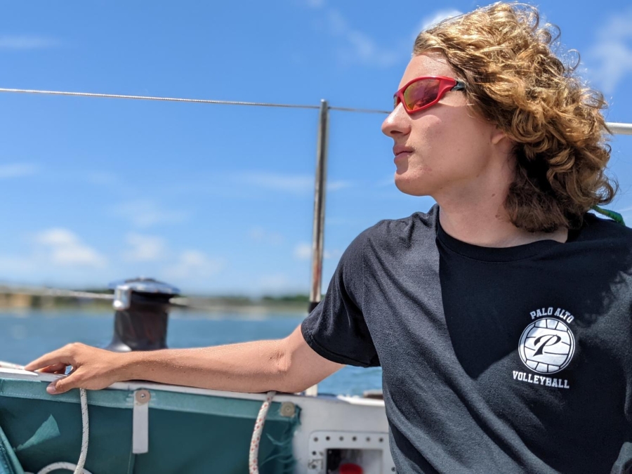 PENCHANT FOR ADVENTURE ­­­— Palo Alto High School junior Cal Currier gets ready to set sail on his historic journey. “I was motivated by a love for adventure,” Currier said. I wanted to do something really fun. Photo courtesy of Cal Currier.