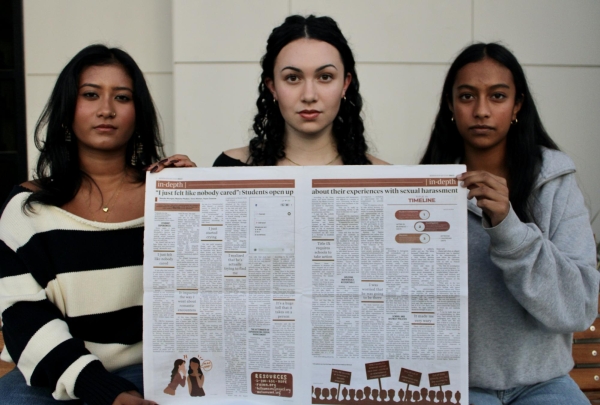 HALTED HEADLINES — The Oracle Editor-in-Chief Hanna Olson and In-Depth editors Myesha Phukan and Renuka Mungee pose for a photo with censored article. After learning about the censorship, I was completely in support of sending the letter and potentially having to file a suit if it comes to that, because I believe that these changes were harmful to The Oracle,” Olson said. 
