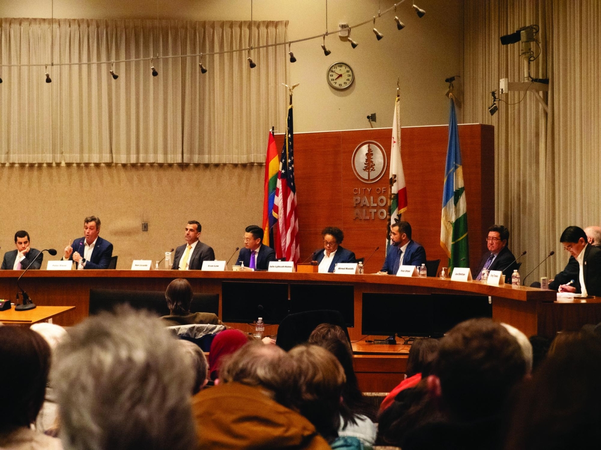 CANDIDATE CIRCLE — District 16 congressional candidates debate at Palo Alto City Hall. In the survey, 69.6% of respondents said if they could vote, they were unsure of which congressional candidate to choose, and 9.7 percent said they would not vote. 