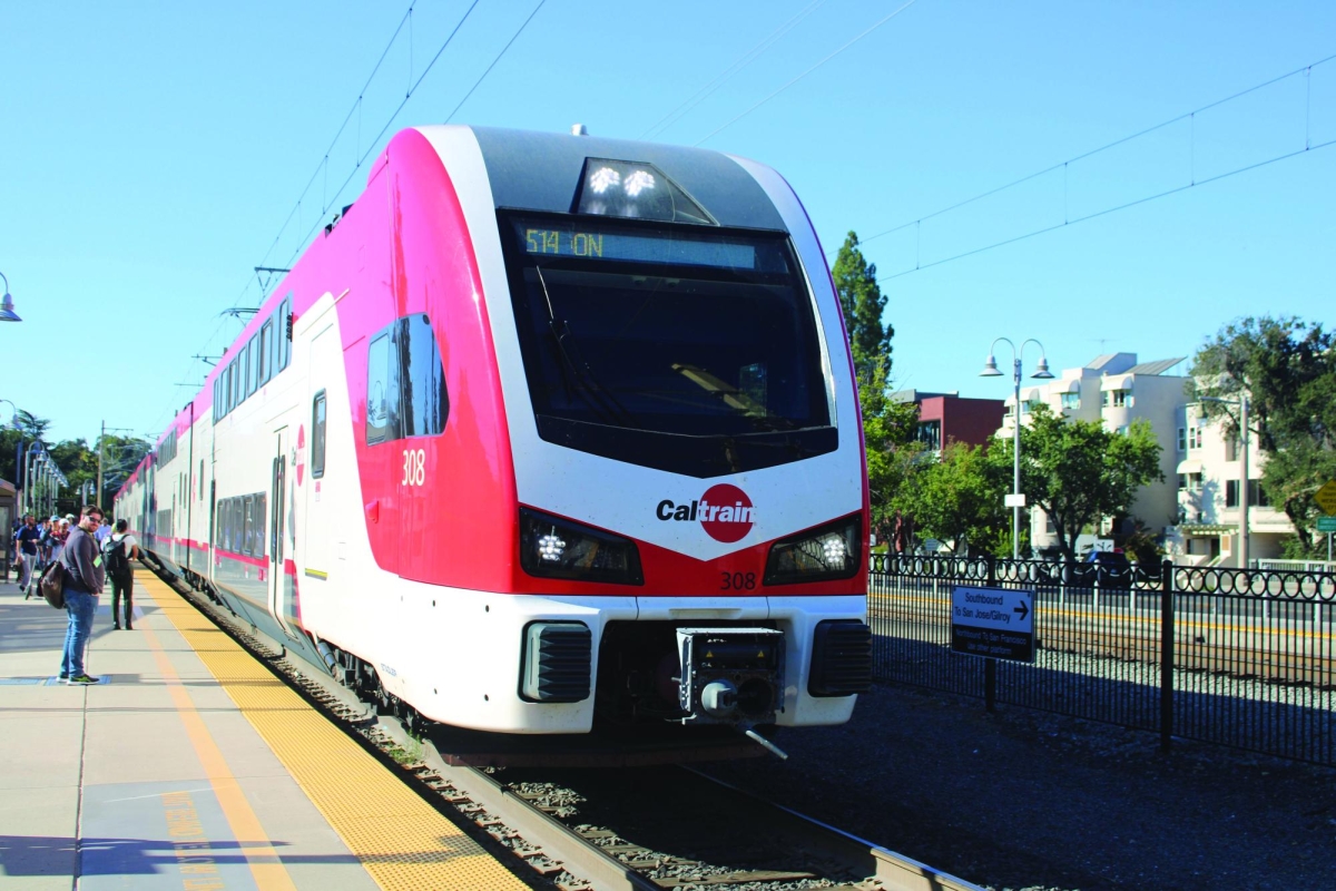 NEXT STOP  – A new electric
train arrives at the Palo Alto Caltrain station. “It’s a very much needed update,”
Palo Alto High School history teacher
Kenneth Tinsley said.