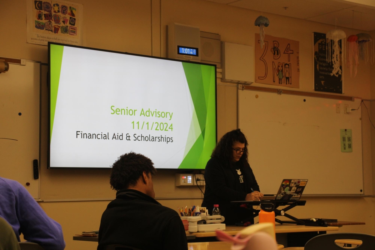 LOOKING AHEAD — A senior advisory class learns about future scholarship and financial aid opportunities for college. Palo Alto High School college advisor Sandra Cernobori said that most advisory lessons are centered around four year college pathways. "So, we are always looking for a way to incorporate more career advising lessons," Cernobori said. 