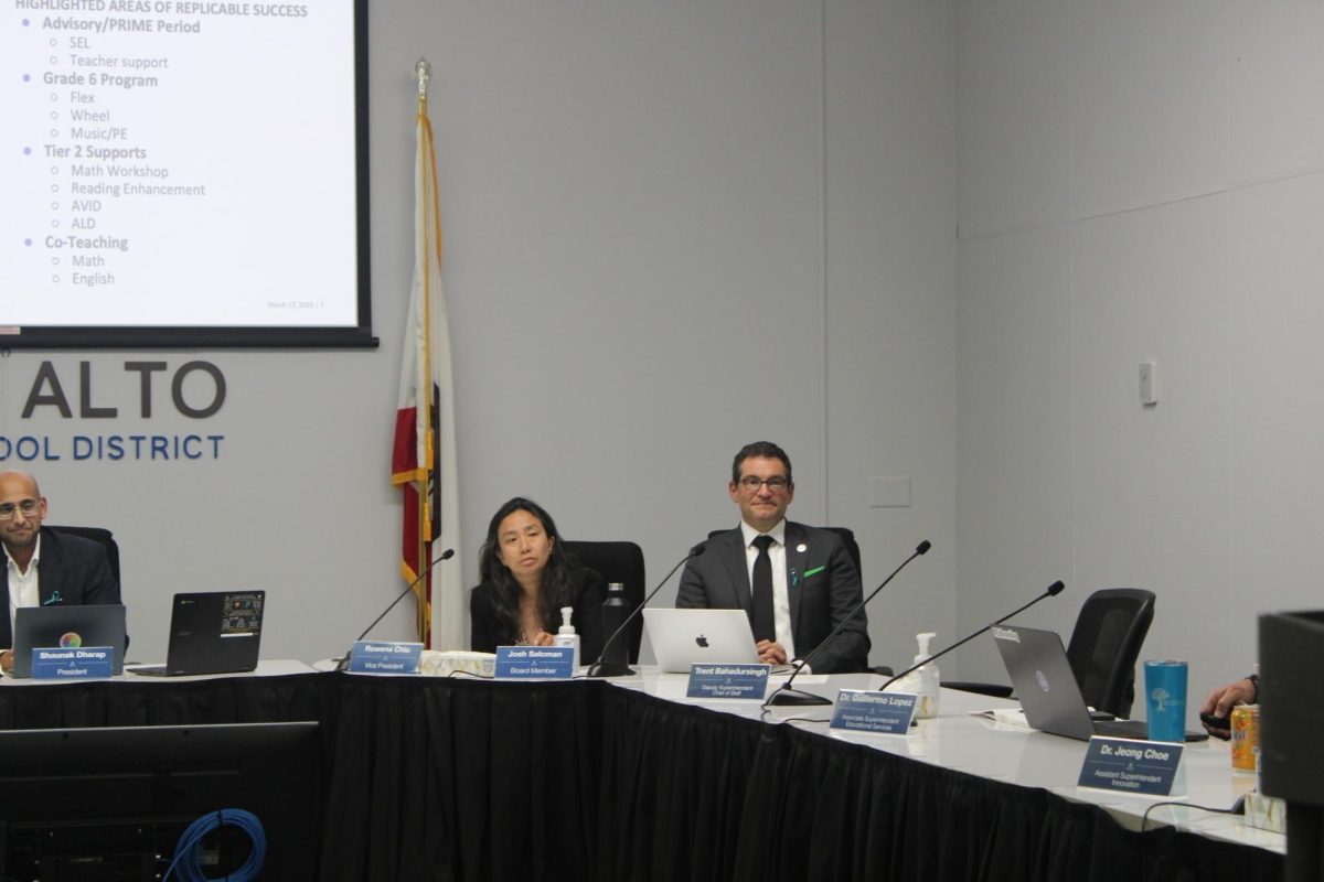 EMPTY SEAT — At the March 17 Palo Alto Unified School District board meeting, a decision was made to mutually separate acting Superintendent Trent Bahadursingh from the Board. PAUSD board member Rowena Chiu said that she hopes for more transparency in the leadership model for the school district. “Some of the core values I look at [in a superintendent] are collaboration and empathy,” Chiu said.