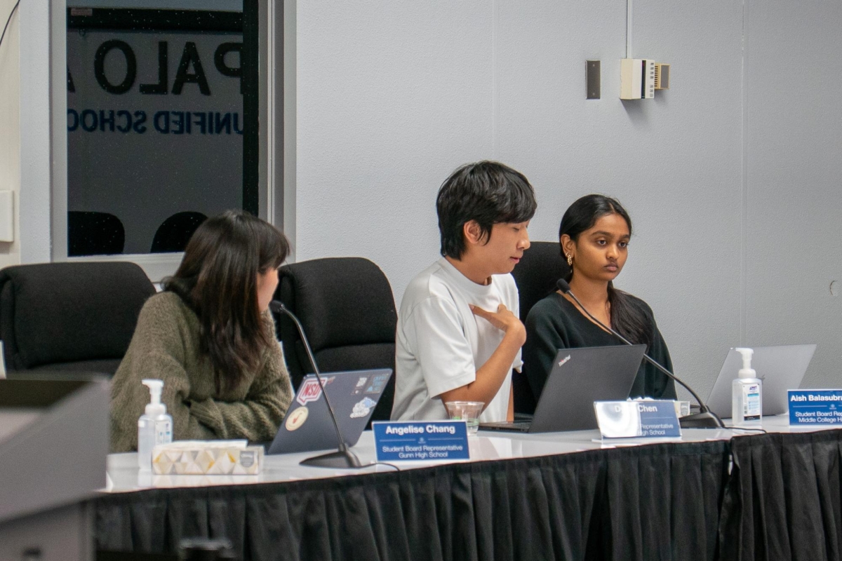SPEAKING OUT — Palo Alto High School senior and student board representative Dylan Chen addresses board members at a district board meeting. “It’s been incredible seeing Dylan stand up and speak out for the student body,”  Paly junior Anika Deshpande said.