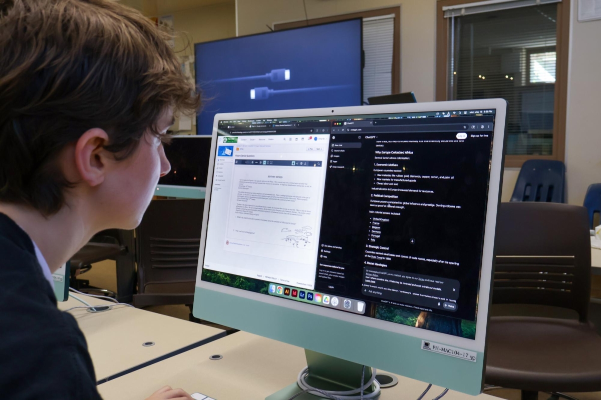 DRAWING THE LINE — A Paly sophomore uses ChatGPT to explain his history homework. The usage of AI has caused students and staff to question how it can be used in classrooms. “Having a stricter or lenient policy will not change whether they [students] cheat or not,” Paly sophomore Noah Siva said. “So I think they should have a more lenient policy.” 
