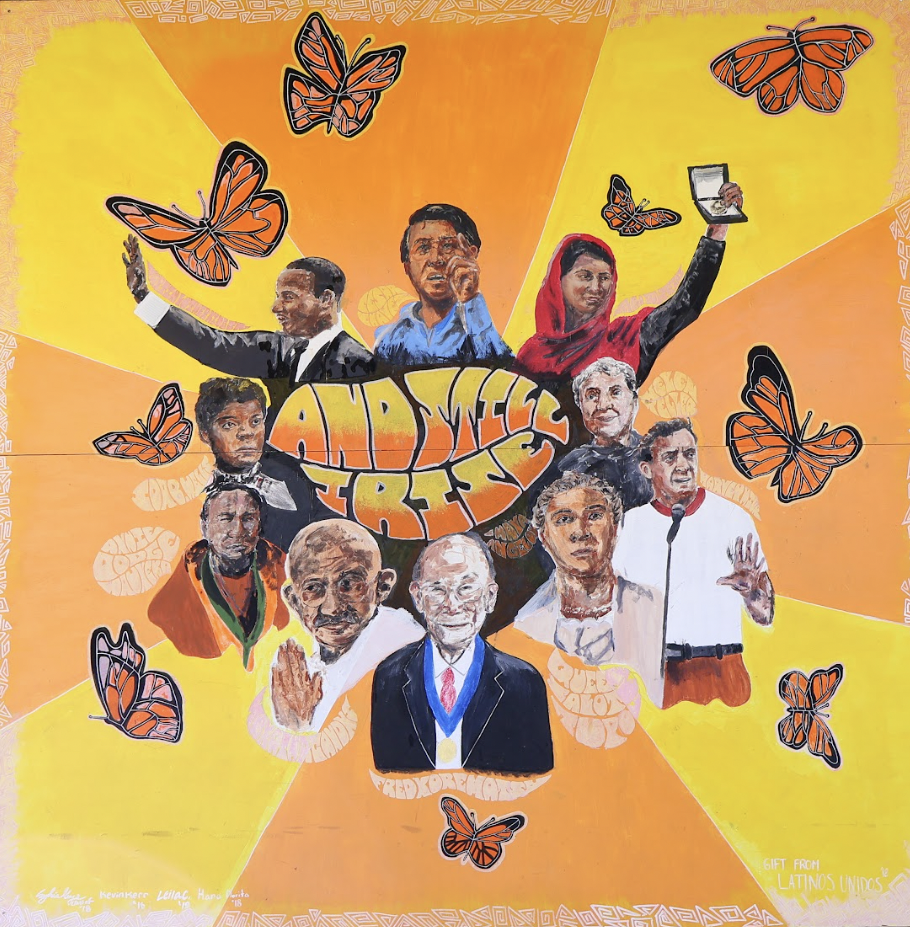 A MOVING MURAL — Outside the Palo Alto High School Student Center, numerous historical figures lie on a mural. However, Chavez’s presence now causes a problem. “Having Chavez included in the mural with a bunch of other people does not bother me as much as if it was just him on his own,” Leilani Chen said.
